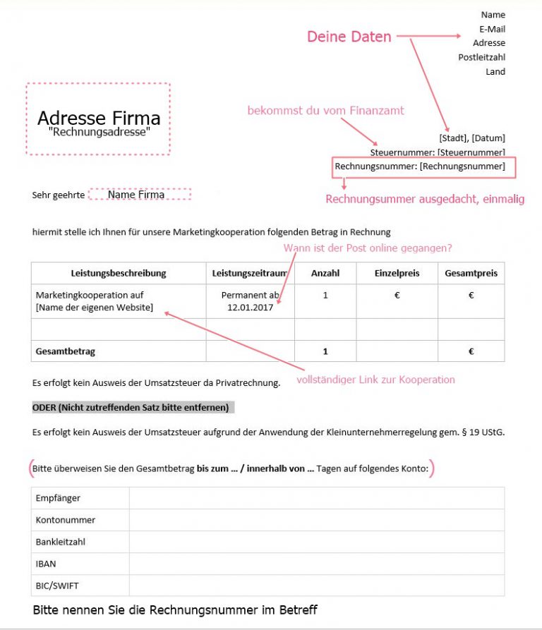 rechnung schreiben blogger vorlage
